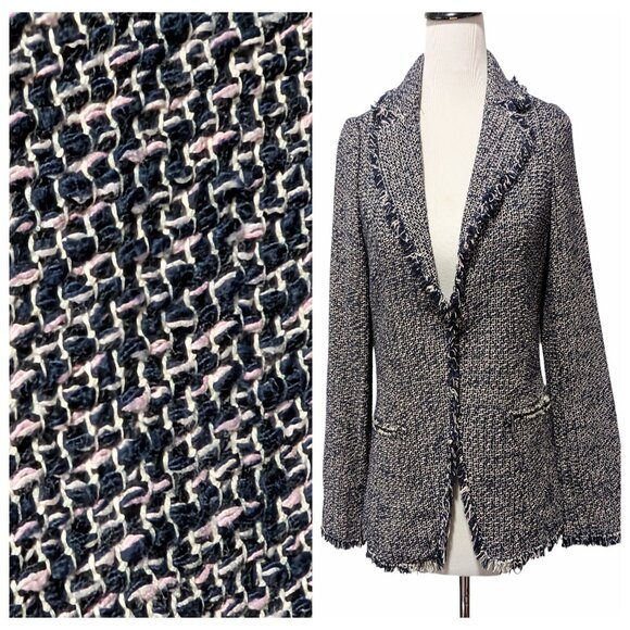 Rebecca Taylor Women Sz 8 Blue Pink White Confetti Tweed Raw Edge Blazer Jacket - Picture 1 of 10